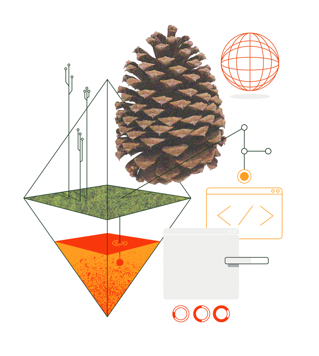 A pinecone, geometric shapes, a coding screen, and circuit symbols are arranged together, suggesting a blend of nature and technology./Designed by Carly Berry - https:/carlyberry.design/